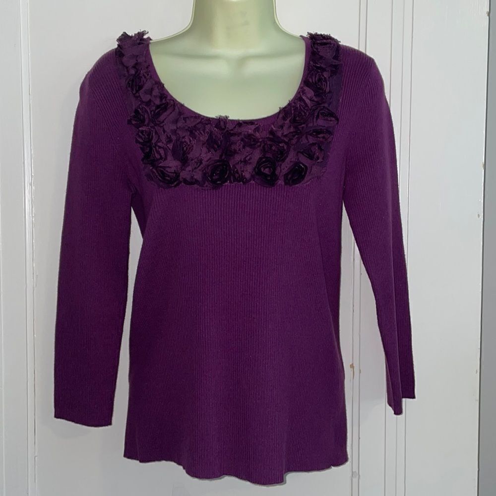 NWT Once Again purple cotton/nylon ribbed 3/4 length‎ sleeve sweater